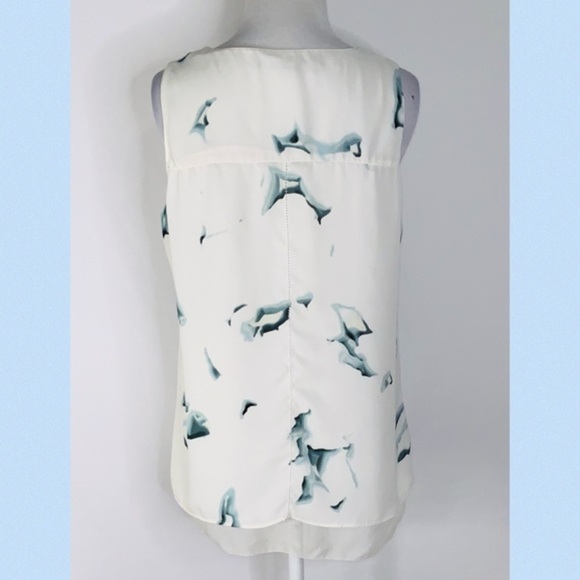 White Rose & Olive Chiffon Layered With Wisp Of Blue Flowy V-Neck Tank Top M - Picture 4 of 14